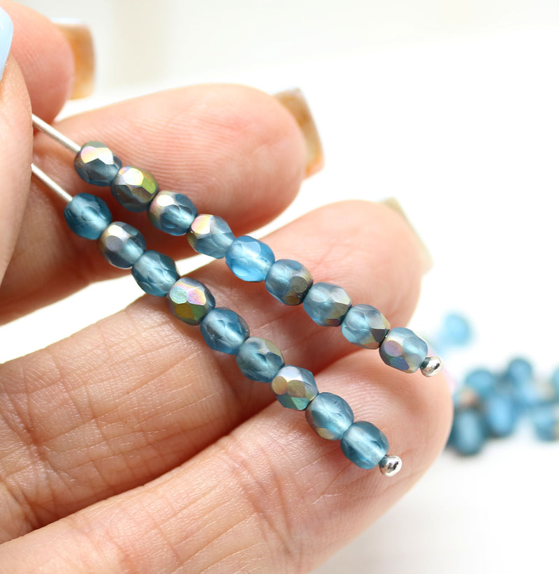4mm Aqua blue frosted czech glass beads, fire polished AB finish - 50Pc