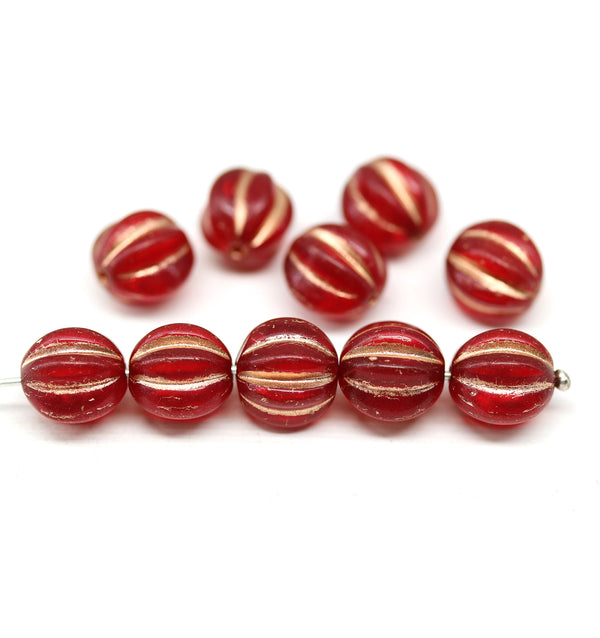 10mm Dark red round melon shape glass beads, copper stripes 10pc