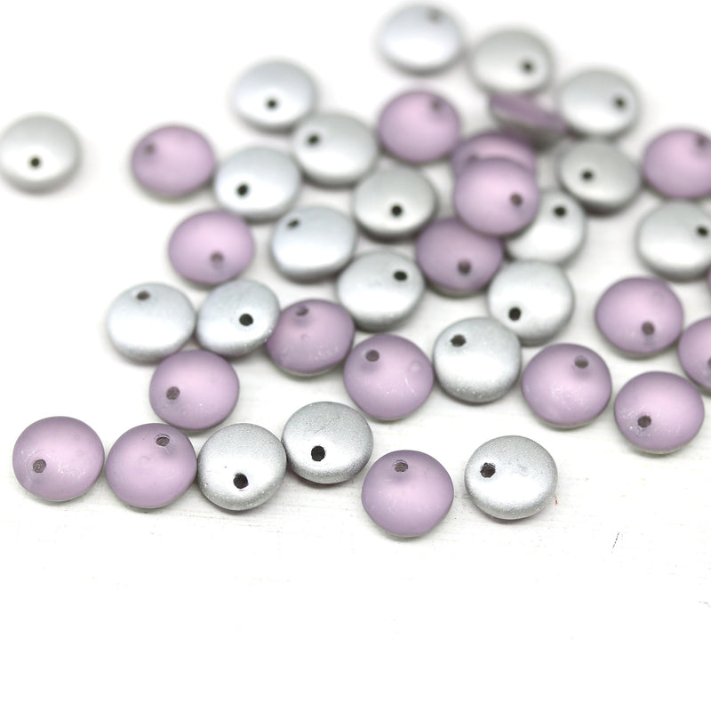 6mm Frosted pink lentil czech glass round beads silver finish 40pc