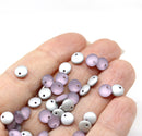 6mm Frosted pink lentil czech glass round beads silver finish 40pc