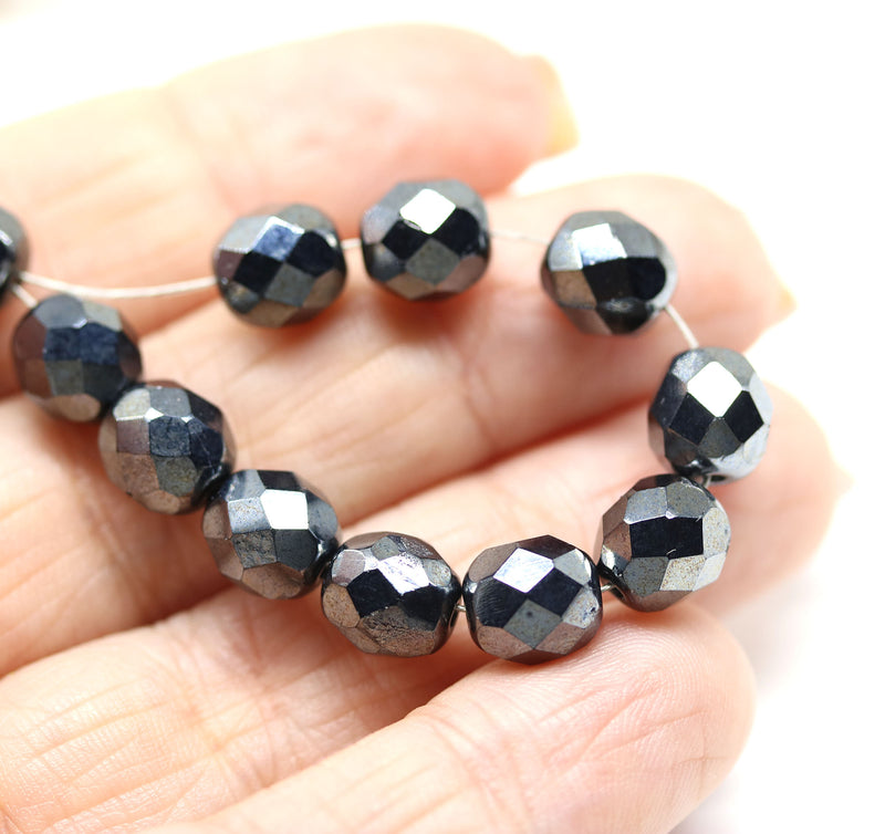 8mm Black glass beads fire polished metallic luster - 15pc