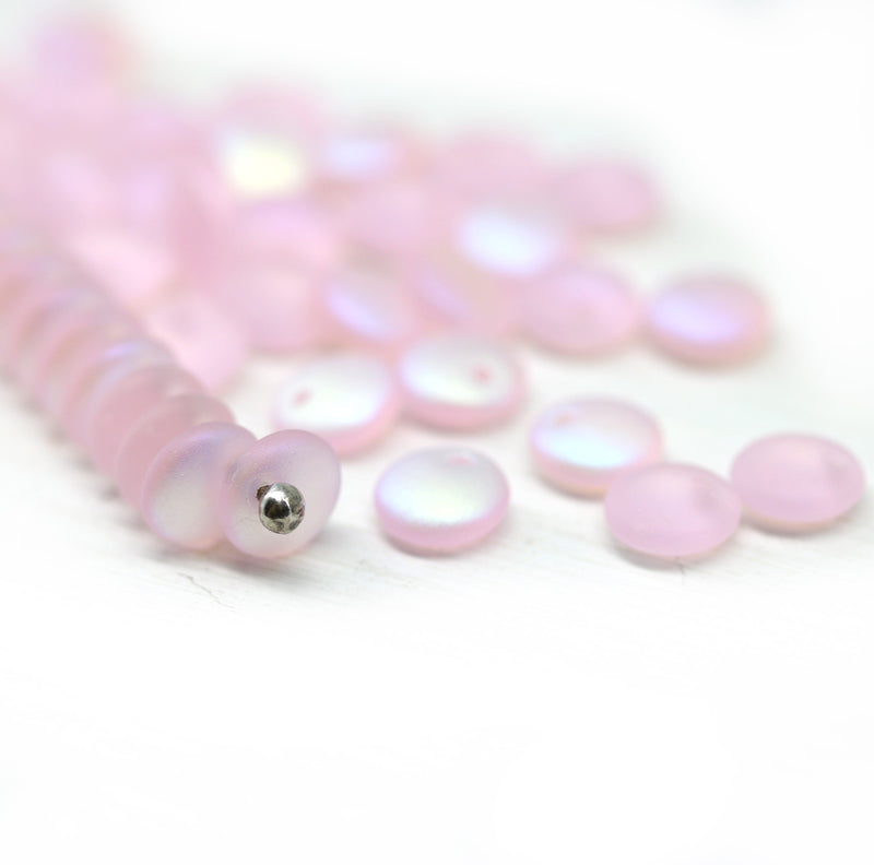 6mm Frosted pink lentil czech glass round beads AB finish 40pc