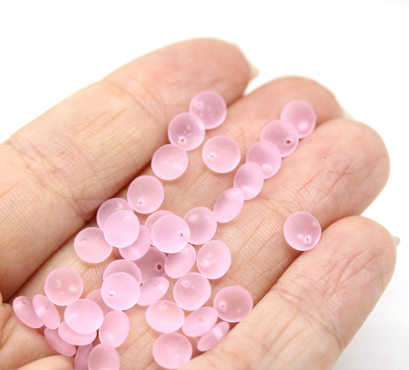 6mm Frosted pink lentil czech glass round beads 40pc