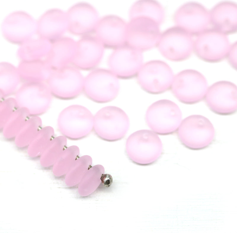 6mm Frosted pink lentil czech glass round beads 40pc