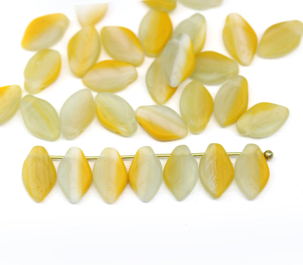 12x7mm Yellow frosted glass leaf Czech beads 30pc