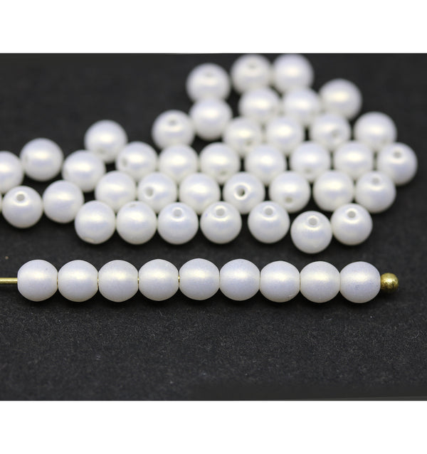 4mm White pearl Czech glass round druk spacers, 50pc