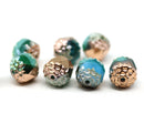 8mm Blue green cathedral beads copper ends 8pc