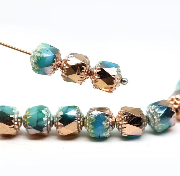 8mm Blue green cathedral beads copper ends 8pc