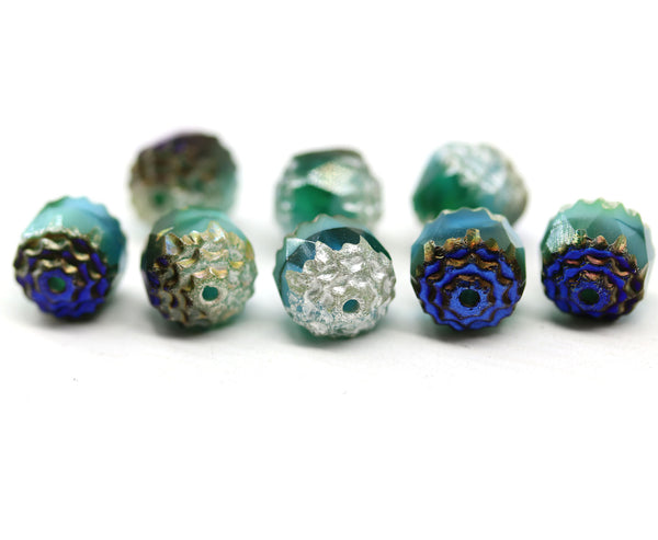 8mm Blue green cathedral beads metallic ends 8pc
