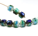 8mm Blue green cathedral beads metallic ends 8pc