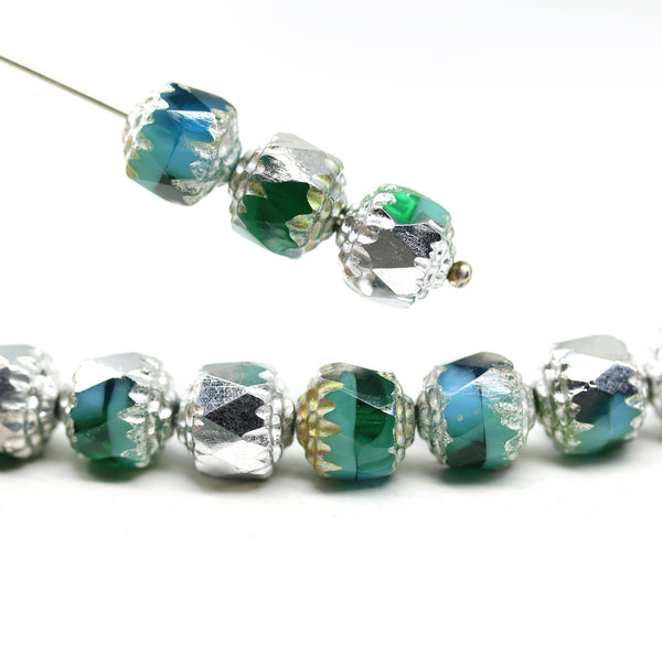 8mm Blue green cathedral beads silver ends 8pc