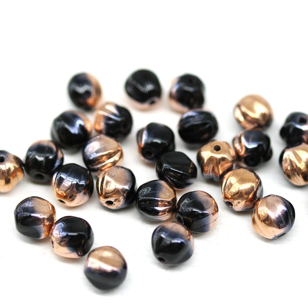 6mm Black round melon shape czech glass beads copper coating 30Pc