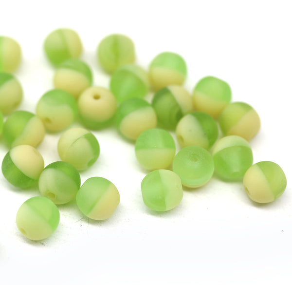 6mm Green beige round druk czech glass beads, frosted finish, 30Pc