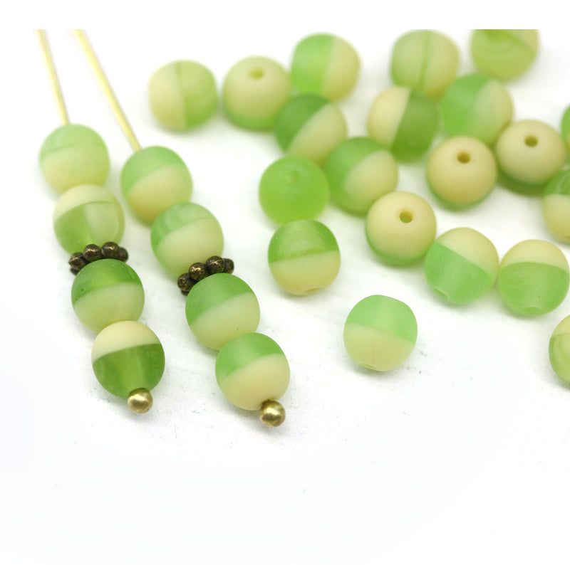6mm Green beige round druk czech glass beads, frosted finish, 30Pc
