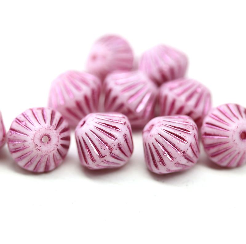 11mm Pink czech glass bicone beads stripes, 10pc