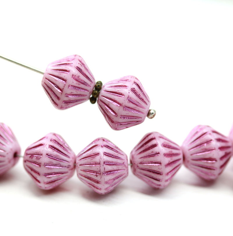 11mm Pink czech glass bicone beads stripes, 10pc