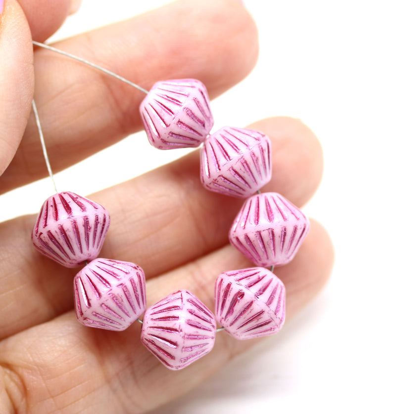 11mm Pink czech glass bicone beads stripes, 10pc