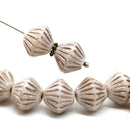 11mm Off white czech glass bicone beads copper stripes, 10pc