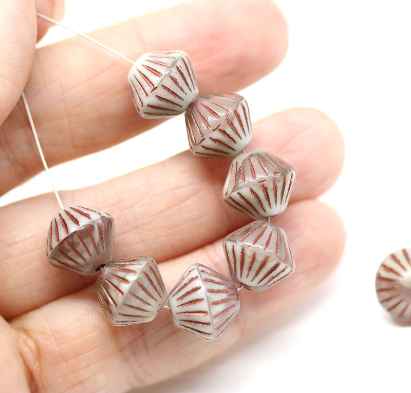 11mm Gray czech glass bicone beads copper stripes, 10pc