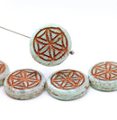 9mm Mint green coin czech glass beads pair copper ornament tablet shape 2pc