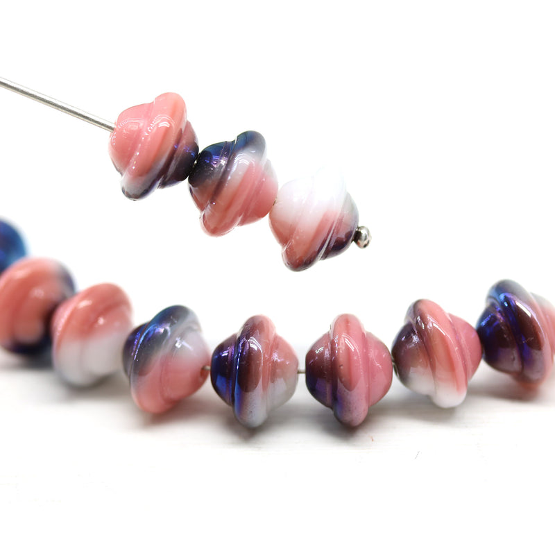 8x10mm White pink saucer czech glass beads, UFO shape 12pc