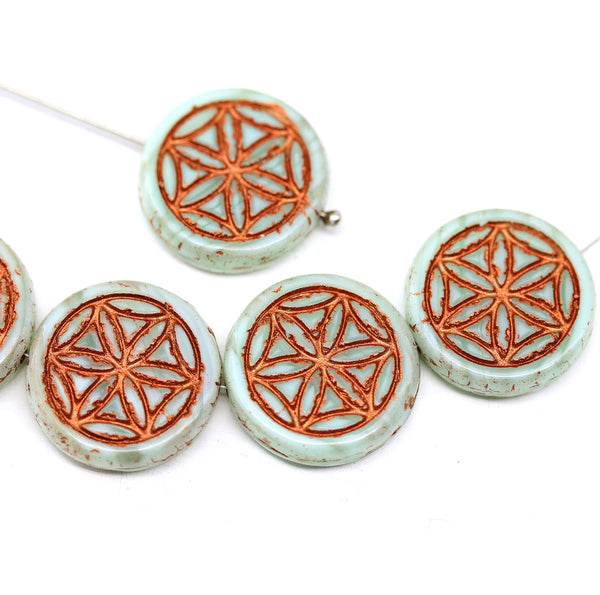 19mm Mint green coin czech glass beads pair copper ornament tablet shape 2pc