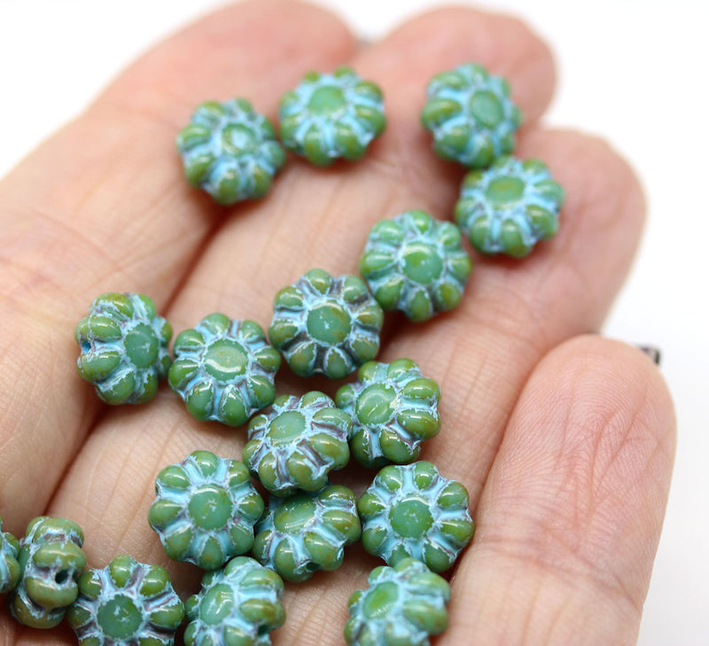 9mm Green Blue rustic czech glass daisy beads 