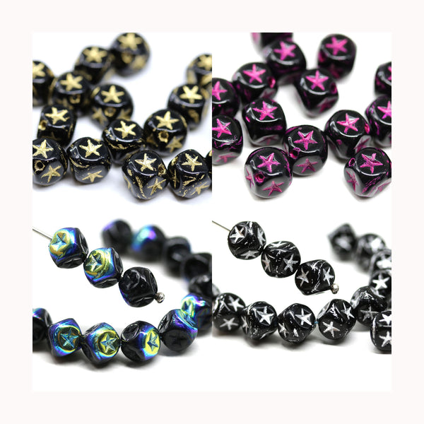 7mm Black cube czech glass beads star ornament, 20pc