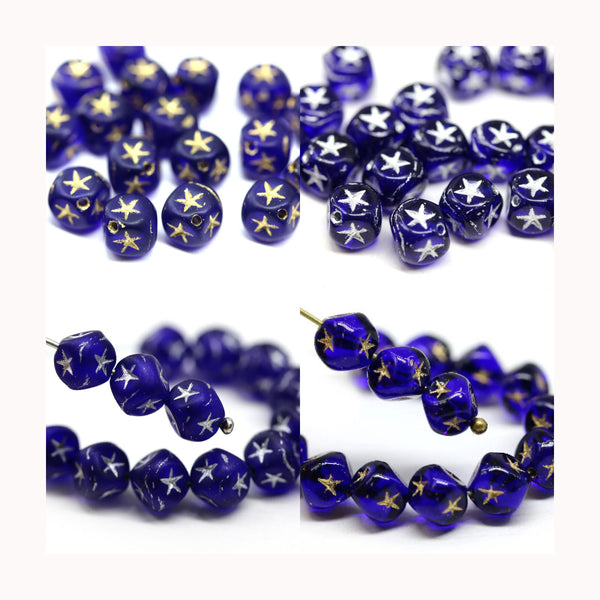 7mm Dark blue cube czech glass beads, golden star ornament, 25pc