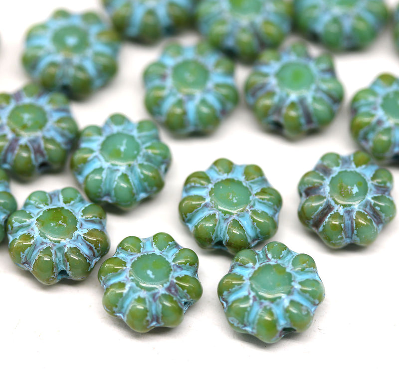 9mm Green Blue rustic czech glass daisy beads 