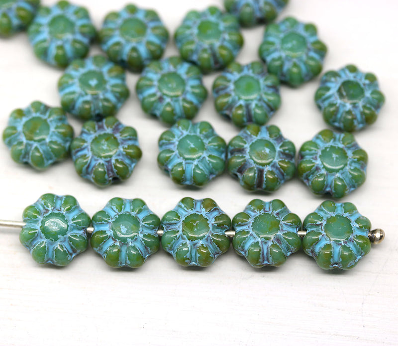 9mm Green Blue rustic czech glass daisy beads 