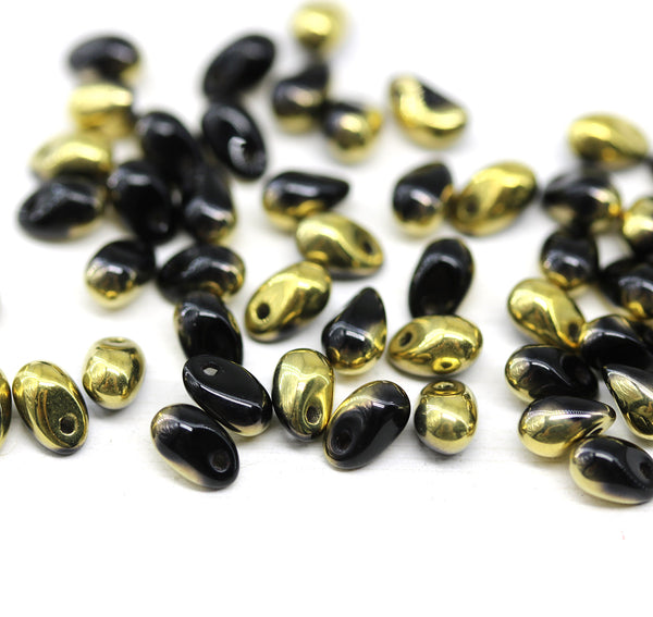4x6mm Tiny black gold teardrops Czech glass beads - 50pc