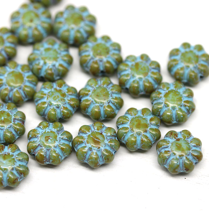 9mm Green Blue Picasso czech glass daisy beads 