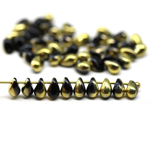 4x6mm Tiny black gold teardrops Czech glass beads - 50pc