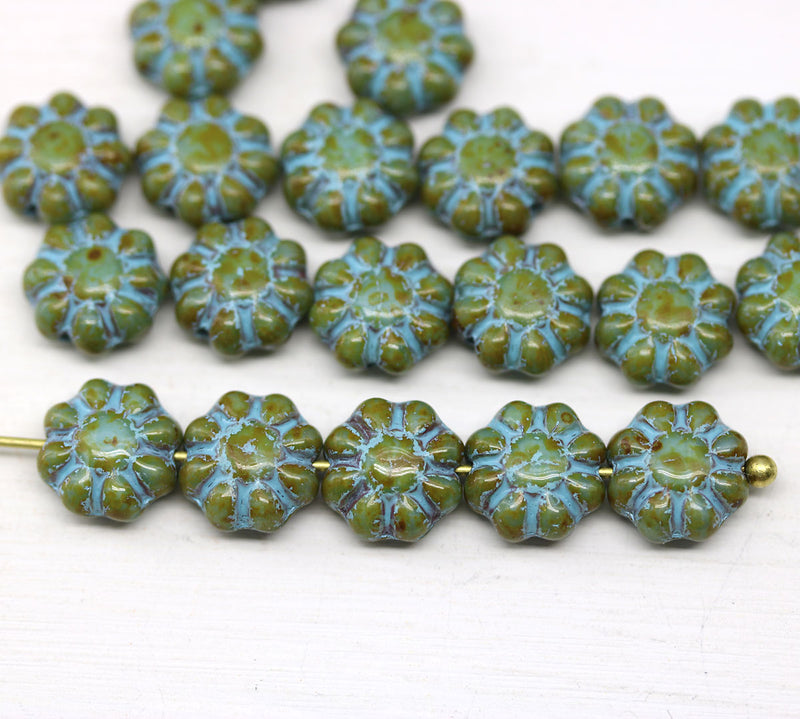9mm Green Blue Picasso czech glass daisy beads 