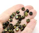 6mm Black daisy flower czech glass beads, Gold wash