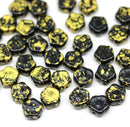 6mm Black daisy flower czech glass beads, Gold wash