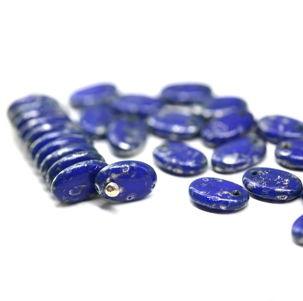9x6mm Dark blue flat oval lentil czech glass beads, silver flakes, 30Pc