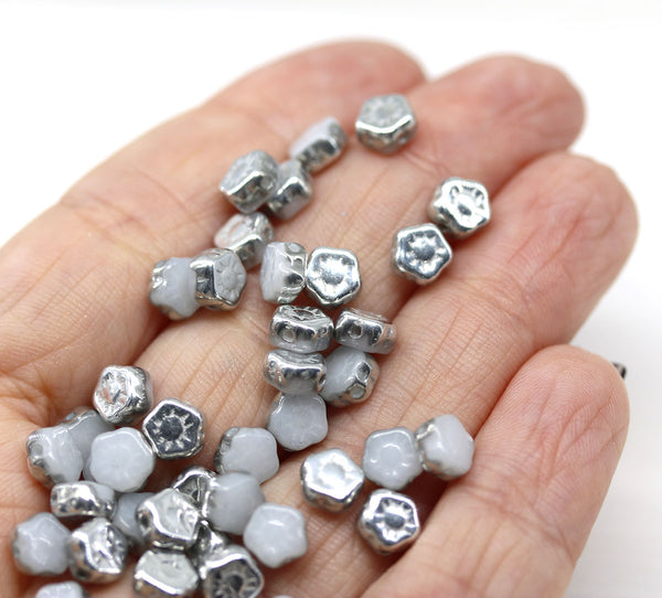 6mm White daisy flower czech glass beads, Silver coating