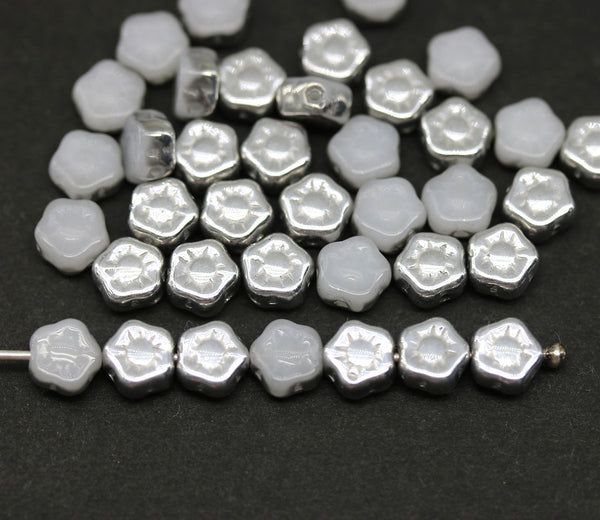 6mm White daisy flower czech glass beads, Silver coating