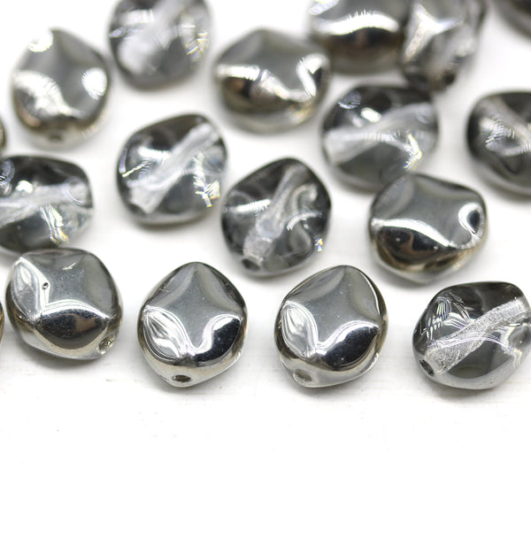 9x8mm Crystal clear gunmetal coating flat oval wavy czech glass beads, 20Pc