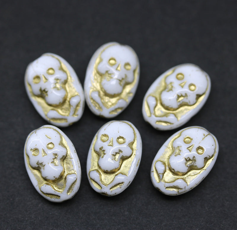 White Czech Glass Skull beads Golden inlays 