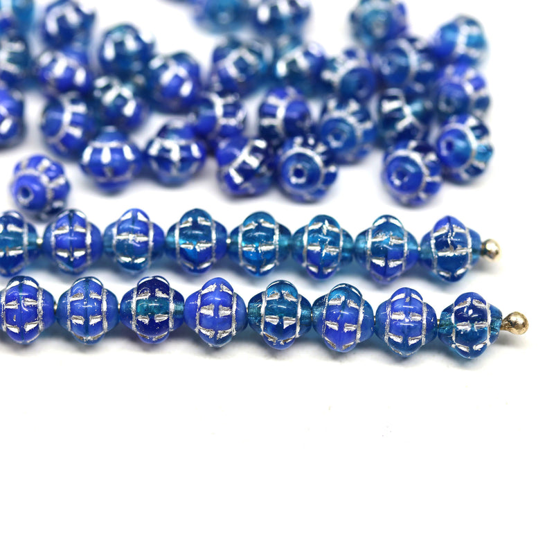 6mm Blue fancy bicone silver wash Czech glass pressed beads, 50pc