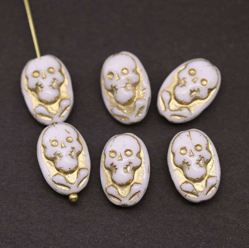 White Czech Glass Skull beads Golden inlays 
