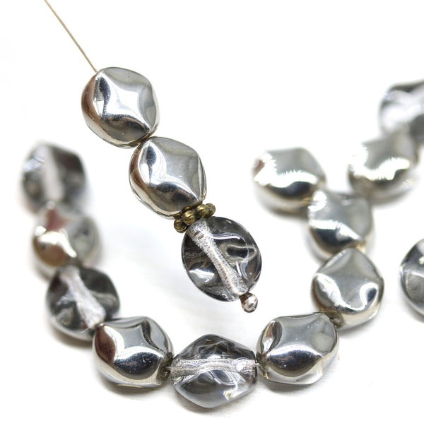 9x8mm Crystal clear gunmetal coating flat oval wavy czech glass beads, 20Pc