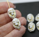 White Czech Glass Skull beads Golden inlays 