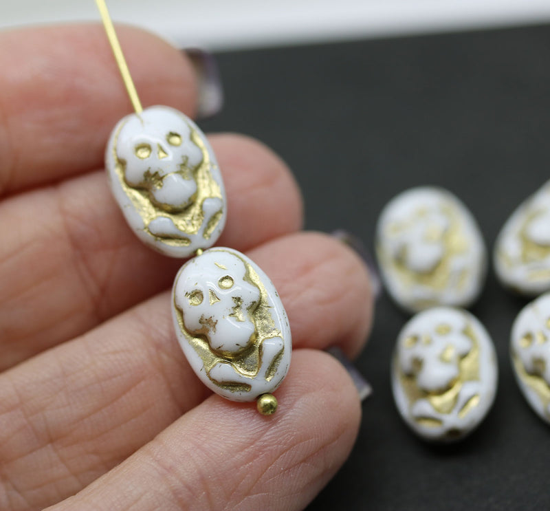 White Czech Glass Skull beads Golden inlays 