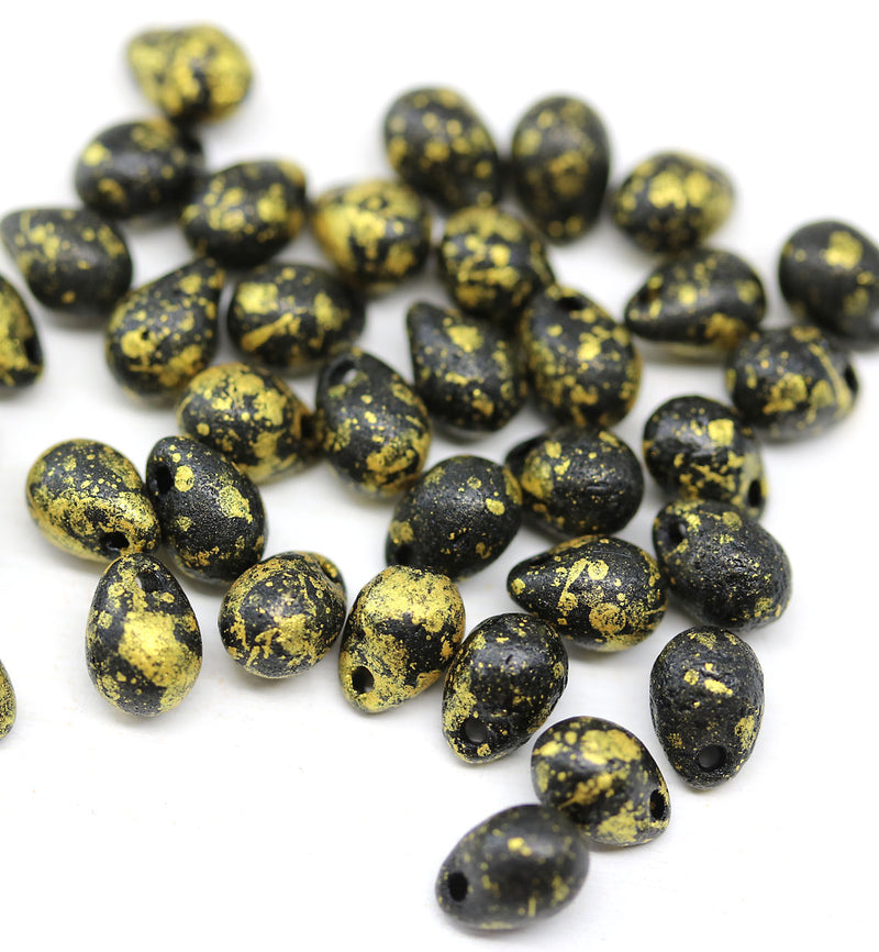 5x7mm Jet black teardrops pressed czech glass beads, Gold wash