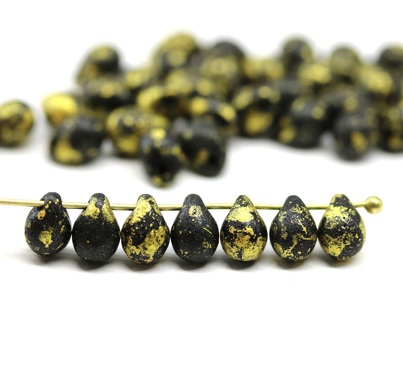 5x7mm Jet black teardrops pressed czech glass beads, Gold wash