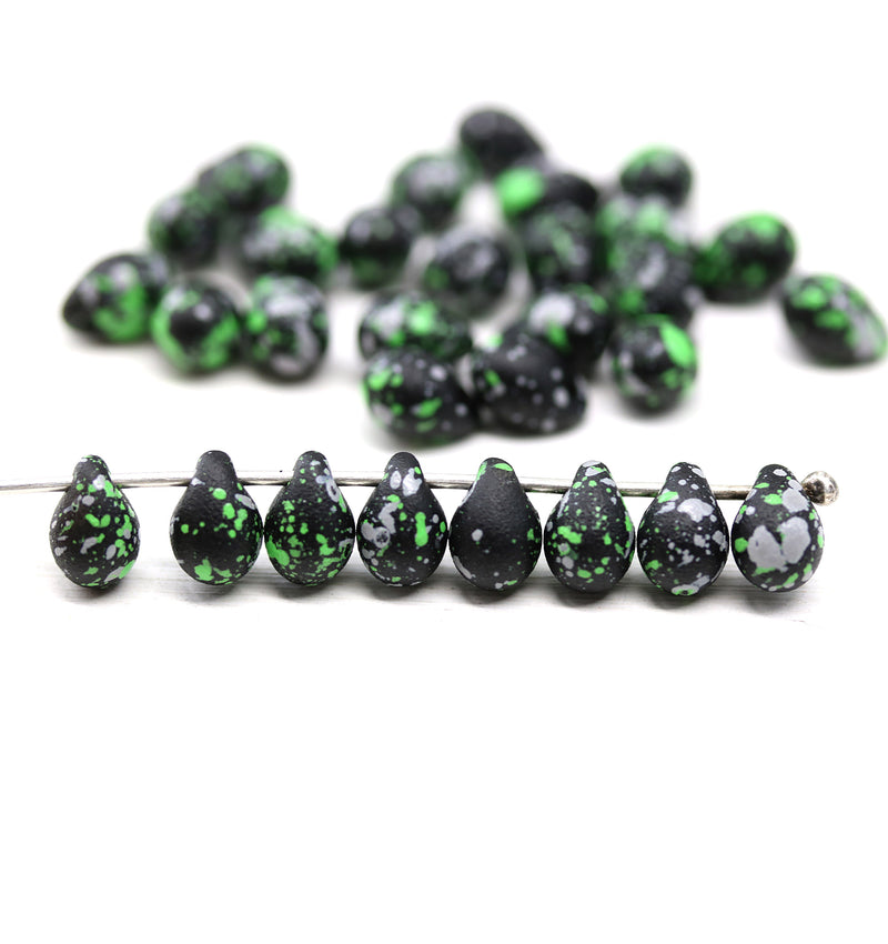 5x7mm Jet black teardrops pressed czech glass beads, 30pc